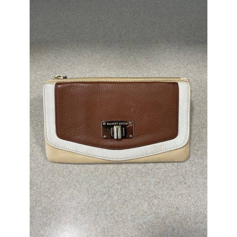 Elliott Lucca Pebbled Leather Envelope Clutch Wallet Turn Lock Purse Brown/Cream